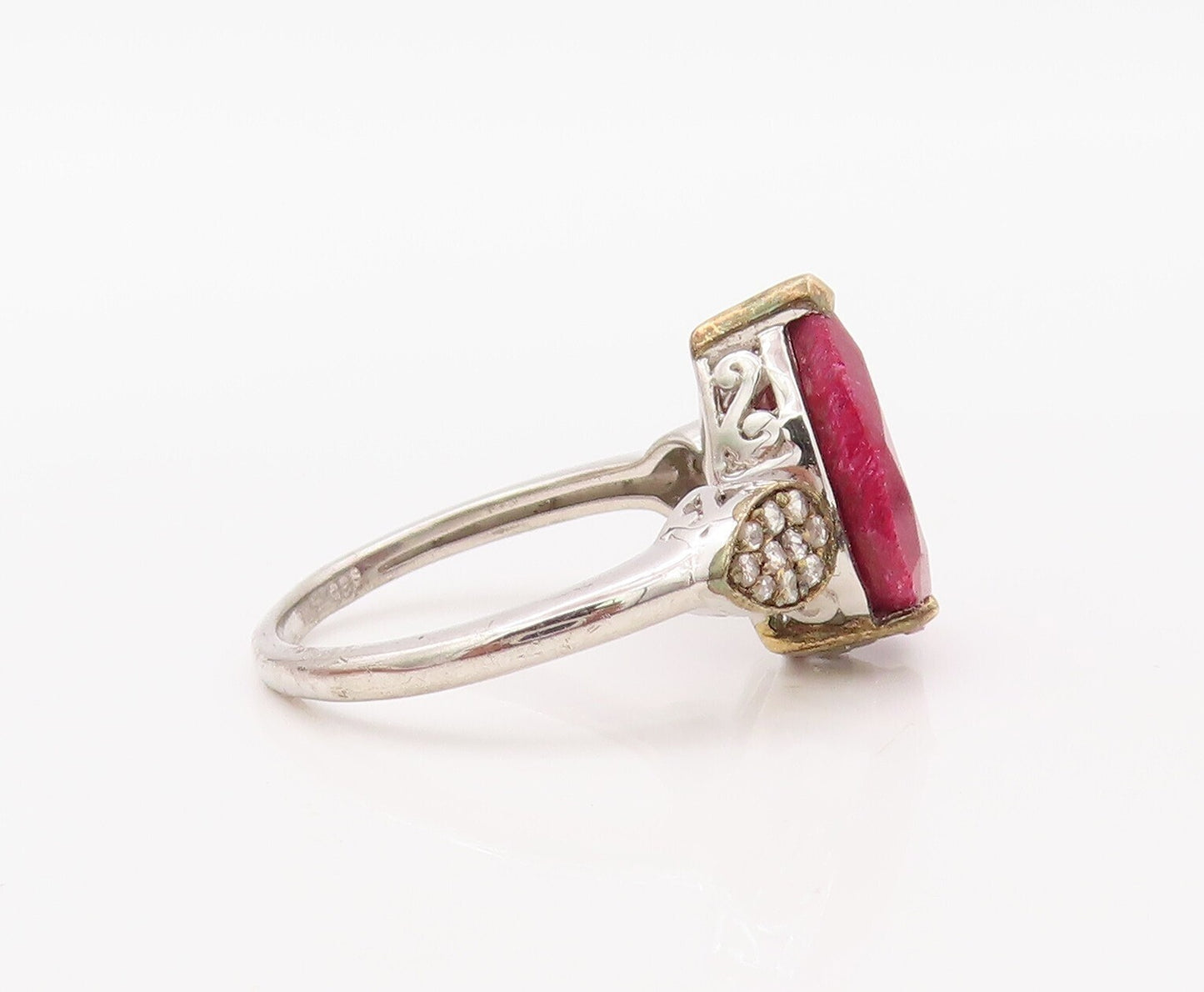 925 Sterling Silver Vintage Ring Diamonds & Drop Cut Ruby  Sz 8  RG30767