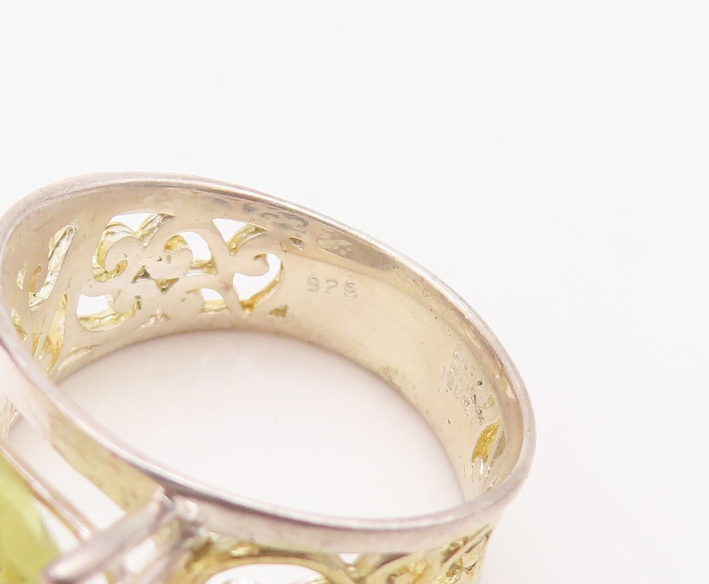 14K Gold 925 Sterling Silver Vintage Ring Swirly Cutout Citrine  Sz 7  RG30950