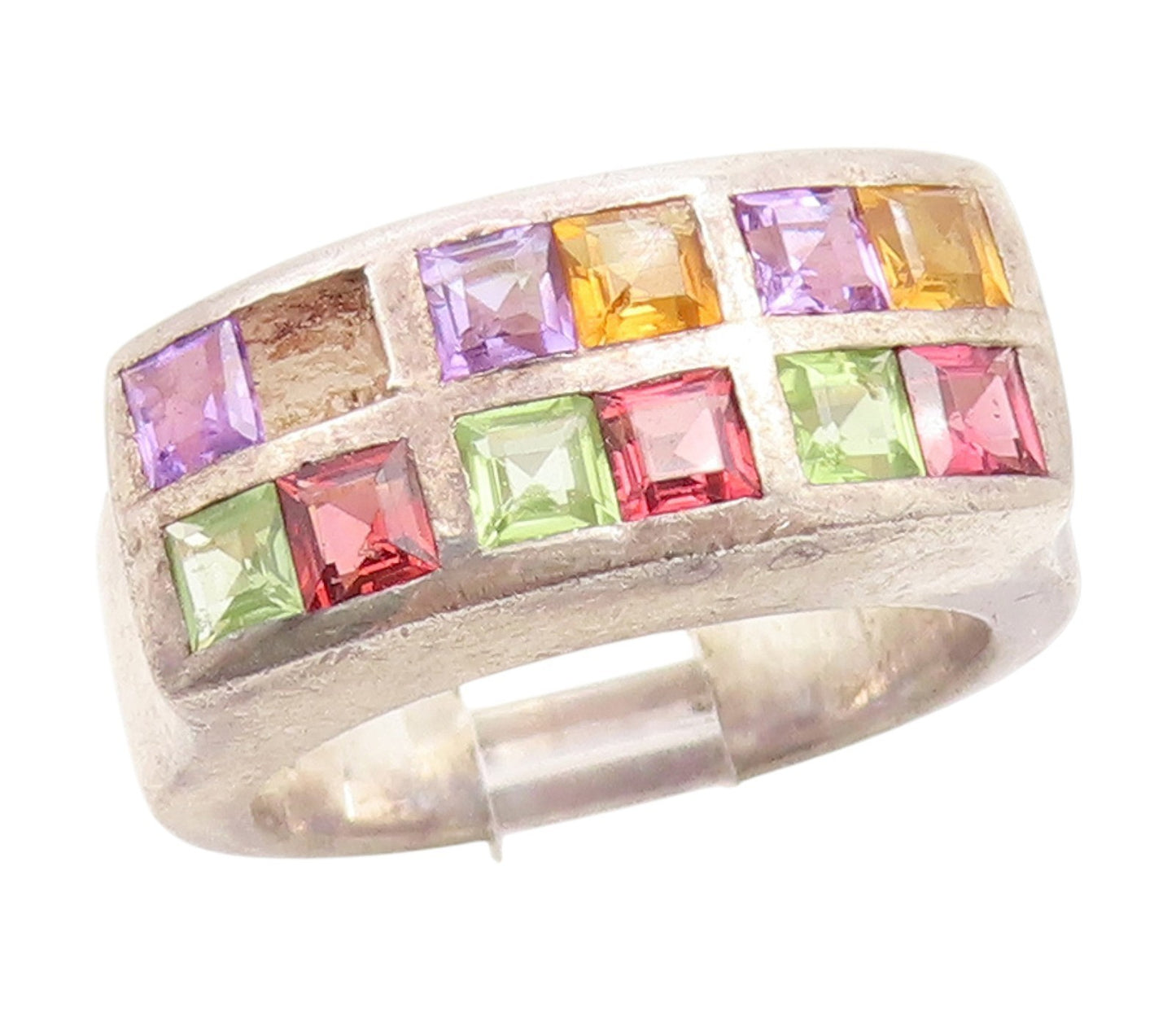 925 Sterling Silver Vintage Ring Multi Gemstone Geometric Band  Sz 7.5  RG34828