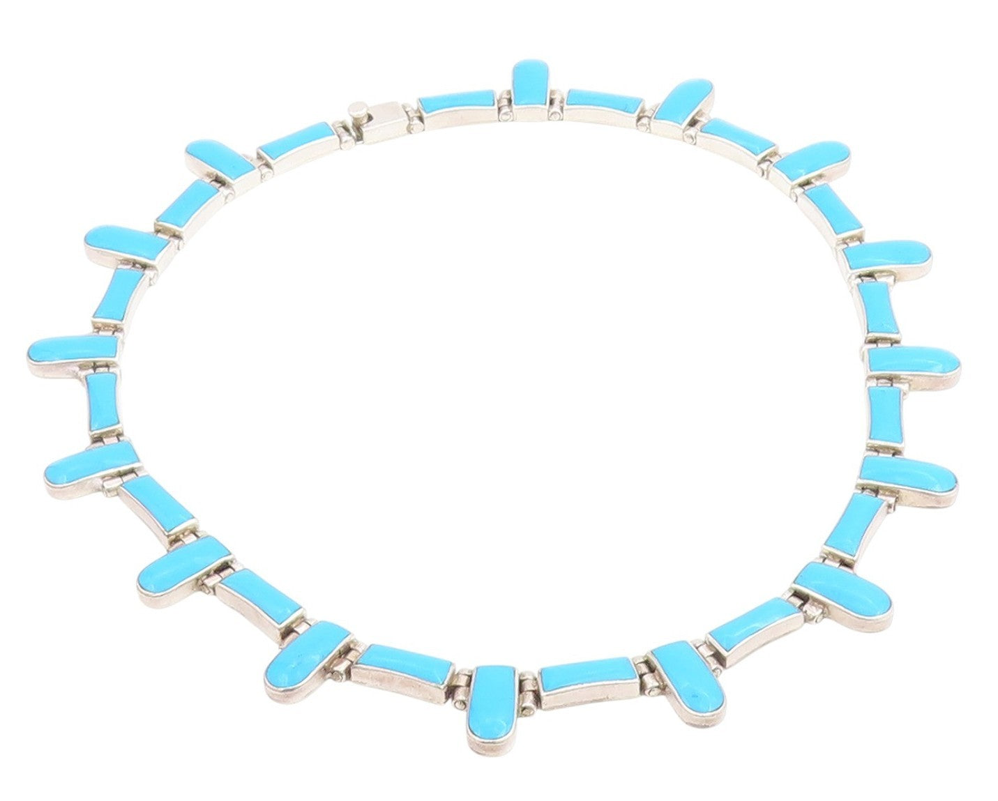 925 Sterling Silver Vintage Necklace MEXICO Turquoise Inlay Panel Choker  NE4787