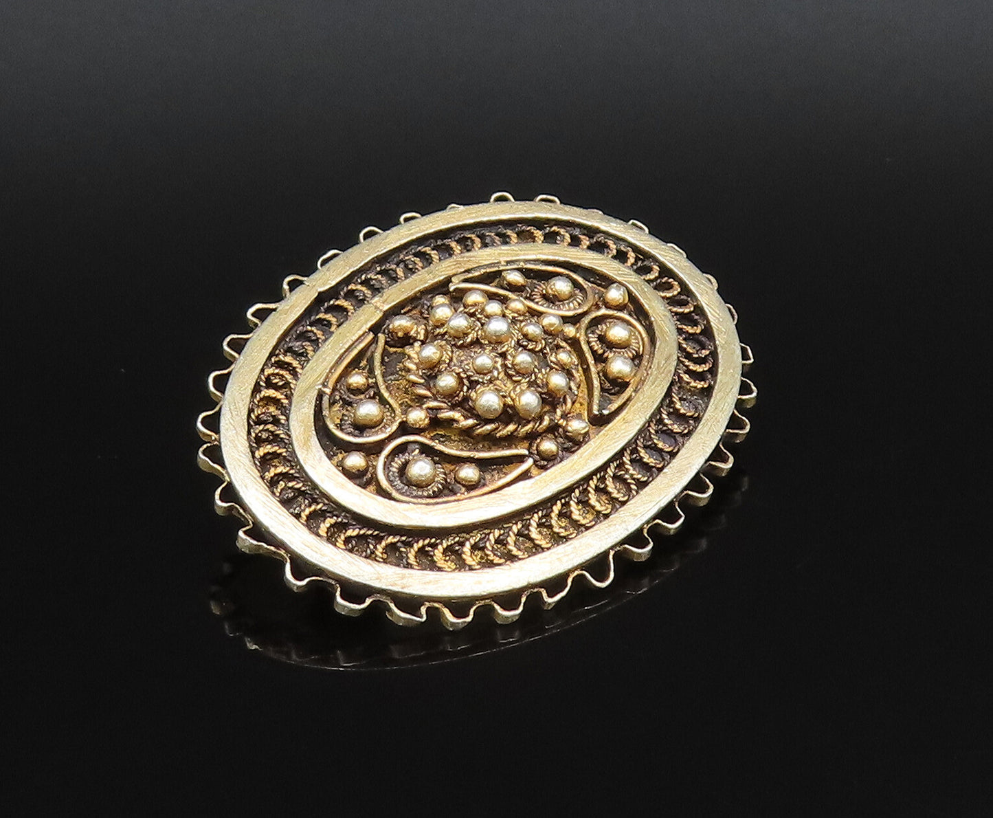 925 Silver  Vintage Antique Beaded & Rope Twist Gold Plated Brooch Pin  BP9949