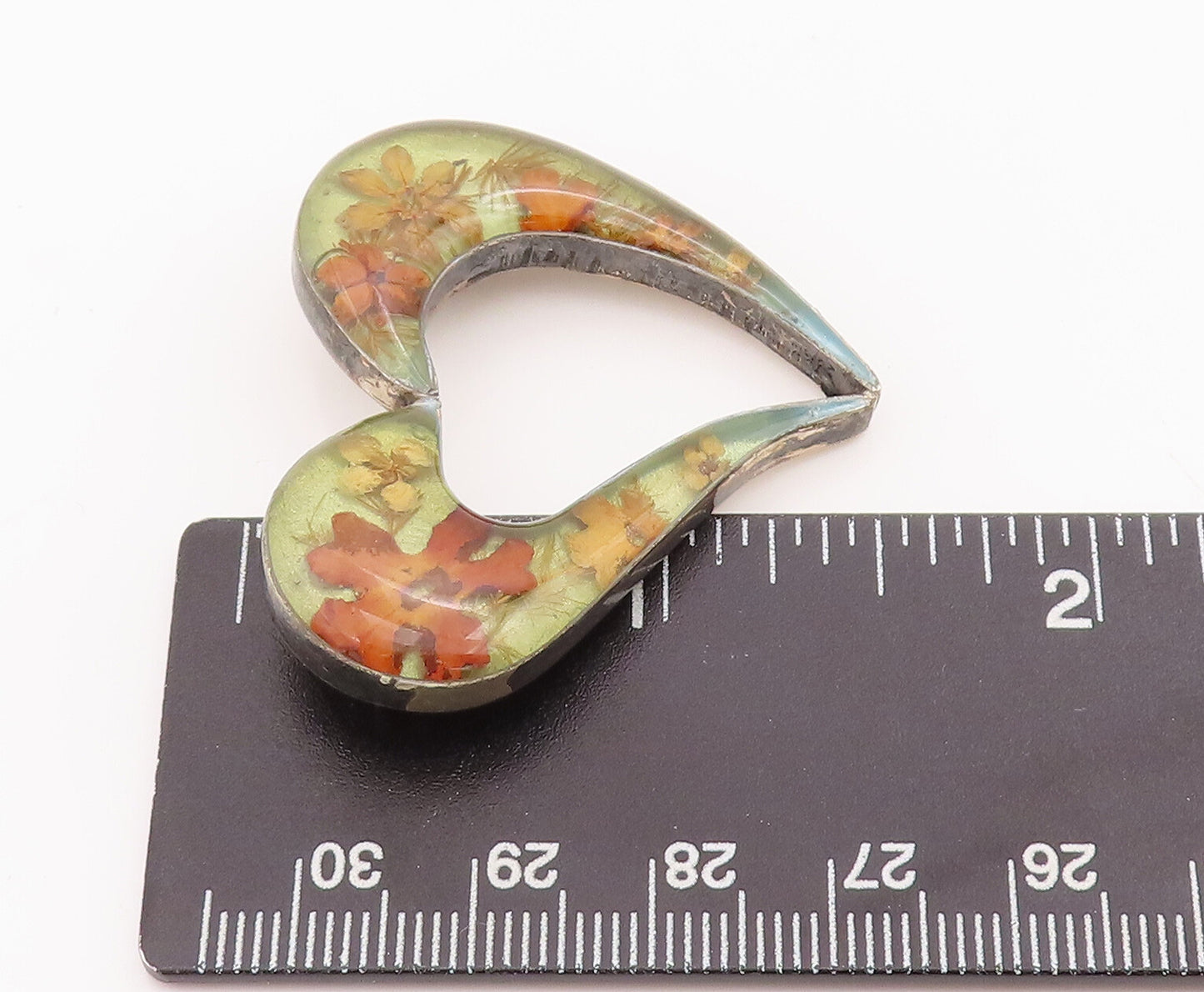 925 Sterling Silver Vintage Brooch Pin Designer Heart With Dried Flowers BP11027