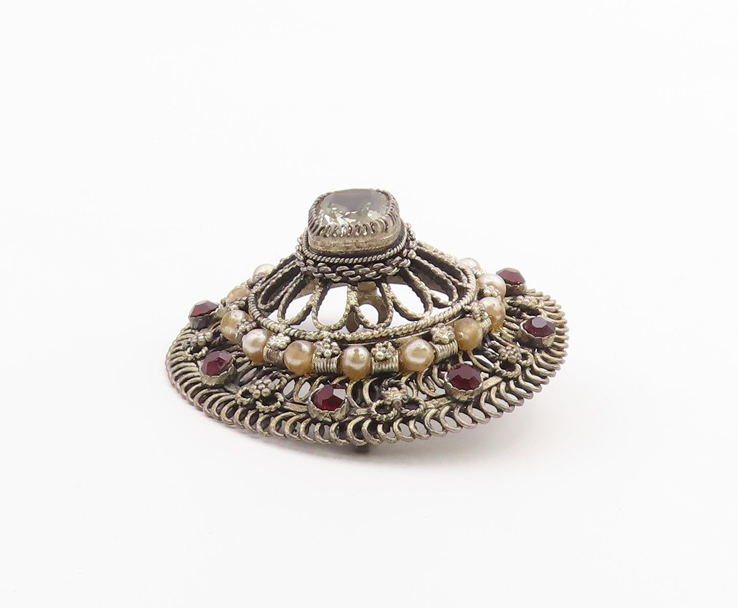 925 Sterling Silver  Vintage Pearls Topaz & Amethyst Floral Brooch Pin  BP3468