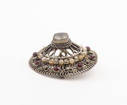 925 Sterling Silver  Vintage Pearls Topaz & Amethyst Floral Brooch Pin  BP3468