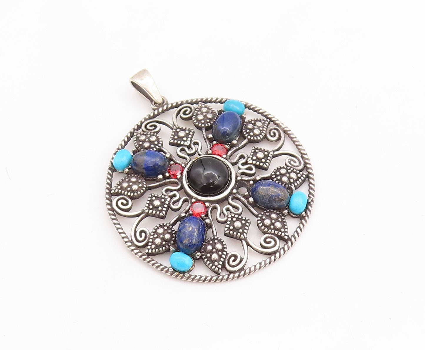 925 Sterling Silver Vintage Pendant Dark Tone Cutout Gemstone Inlay PT23648