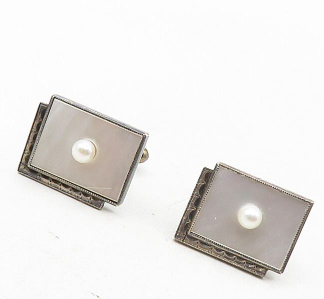 925 Sterling Silver  Vintage Mother Of Pearl & Pearl Square Cuff Links  TR1551