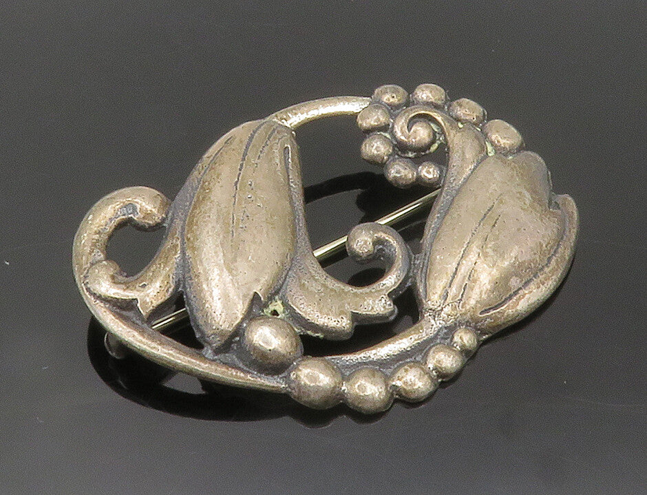 925 Sterling Silver  Vintage Dark Tone Floral Swirl Design Brooch Pin  BP5710
