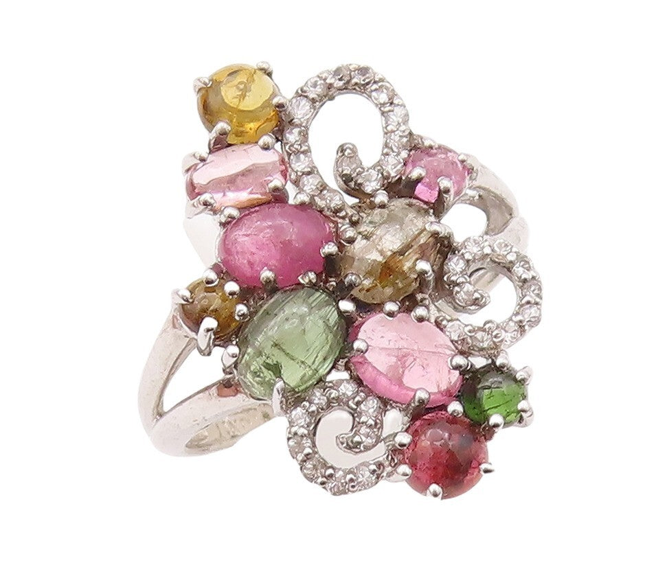 925 Sterling Silver Vintage Ring Cabochon Gemstones Floral Inlay  Sz 9  RG30011