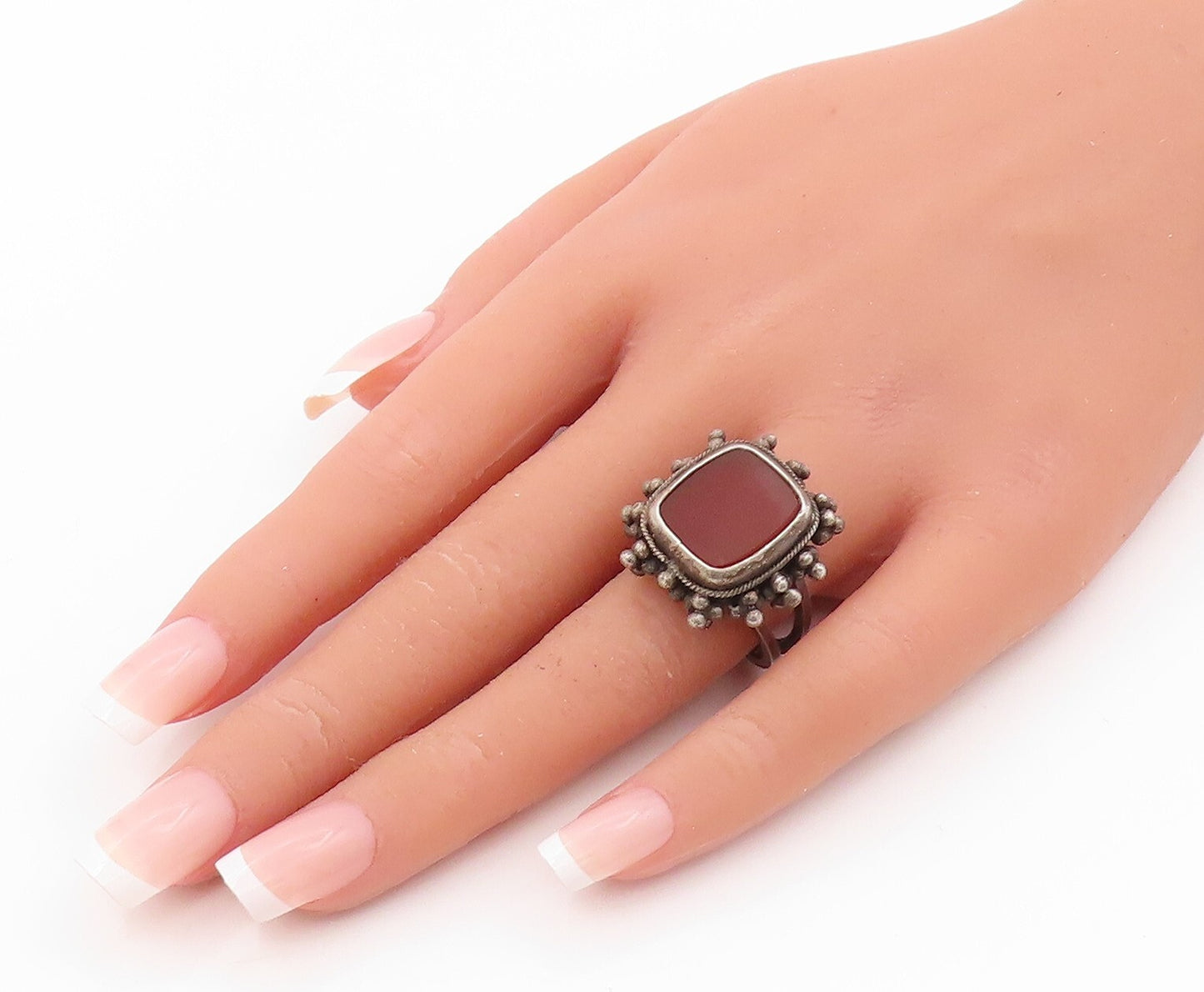 925 Sterling Silver Vintage Ring Rectangle Carnelian Halo Beads  Sz 8.5  RG31787