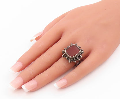 925 Sterling Silver Vintage Ring Rectangle Carnelian Halo Beads  Sz 8.5  RG31787