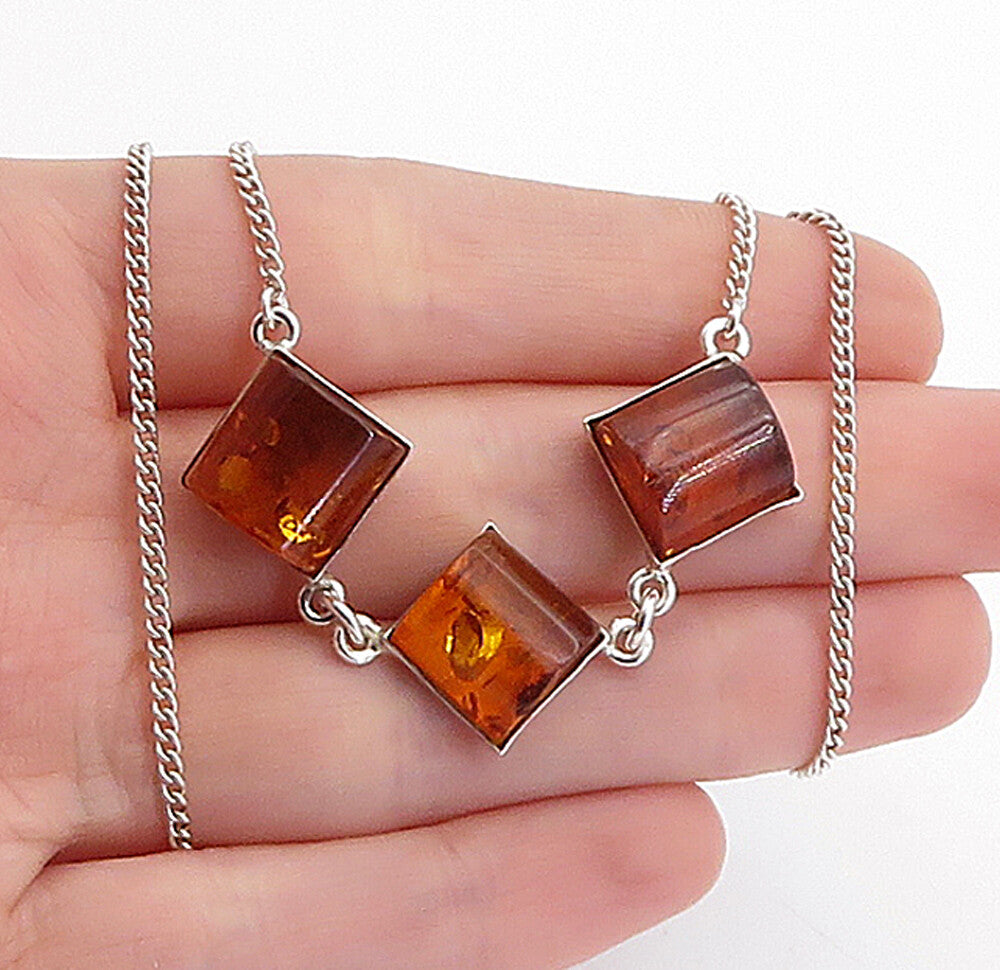 925 Sterling Silver Amber 3 Stone Shiny Thin Curb Link Chain Necklace NE1087