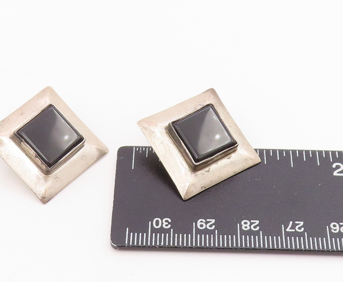 925 Sterling Silver Vintage Earrings NAVAJO ATTA KAI Black Onyx Studs  EG13945