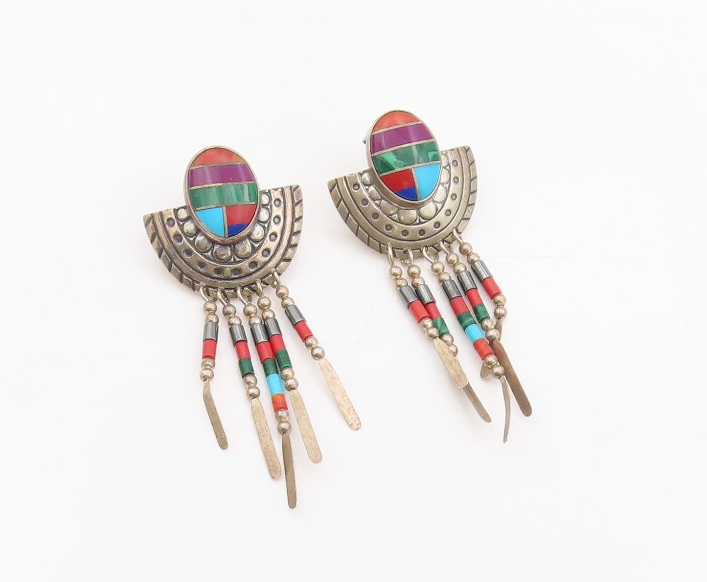 925 Sterling Silver Vintage Earrings NAVAJO Multi Gemstone Inlay Dangle  EG13816