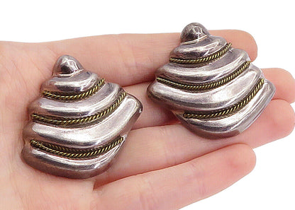 MEXICO 925 Sterling Silver  Vintage Two Tone Twist Non Pierce Earrings  EG2708