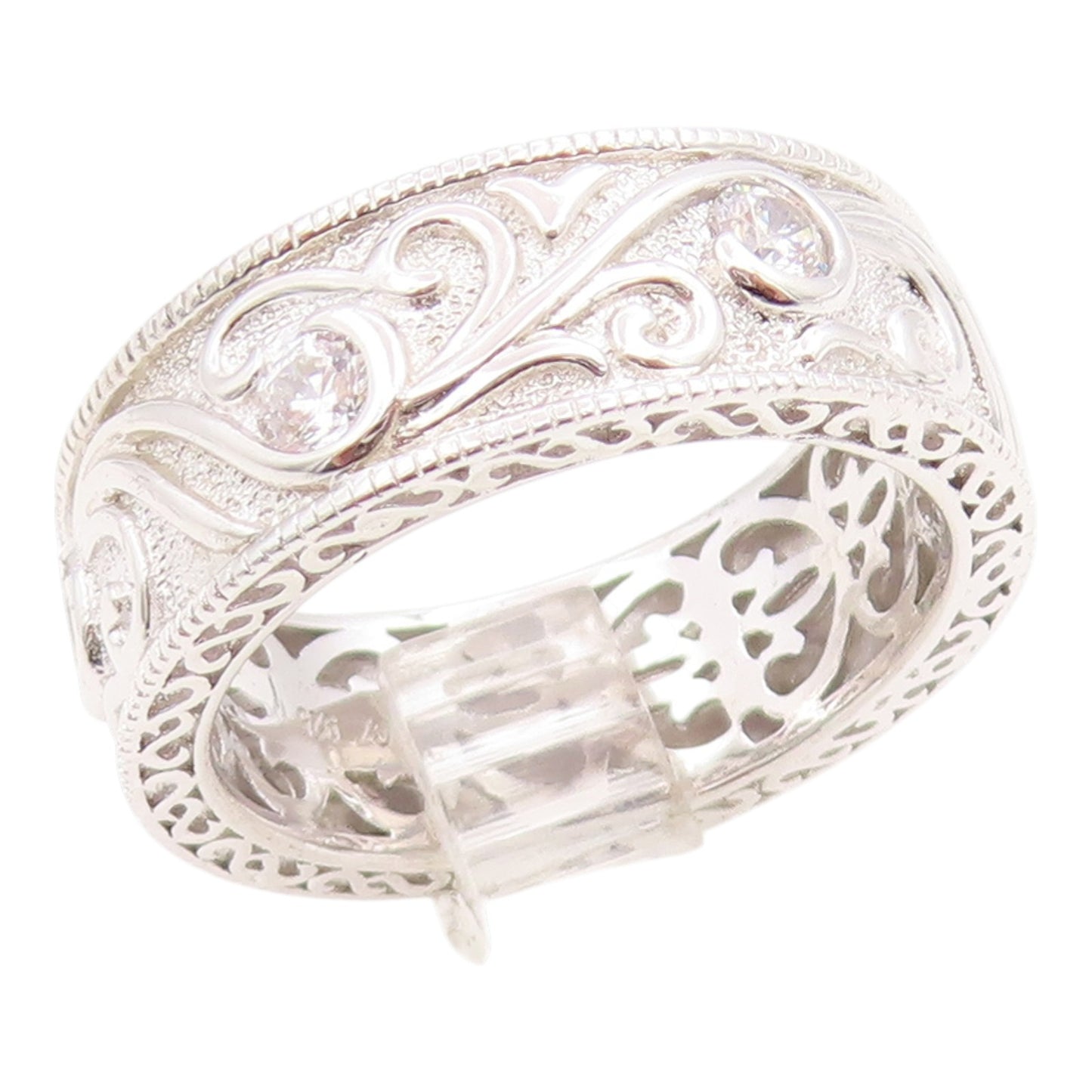 925 Sterling Silver Vintage Ring VANNA K CZ Leaf Scrollwork Band  Sz 8  RG35876