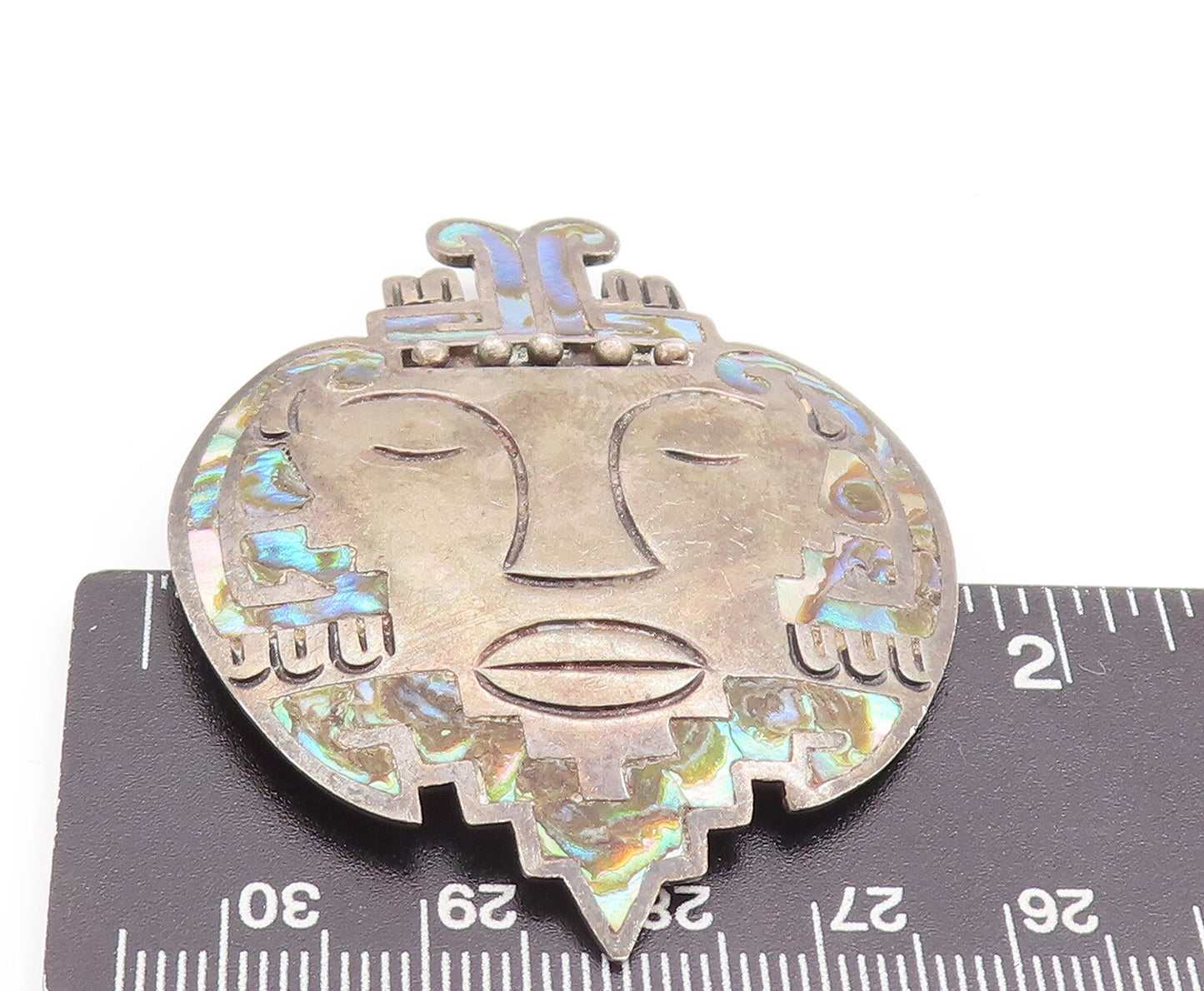 925 Sterling Silver Vintage Brooch Pin MEXICO Etched Abalone Inlay Face  BP11145