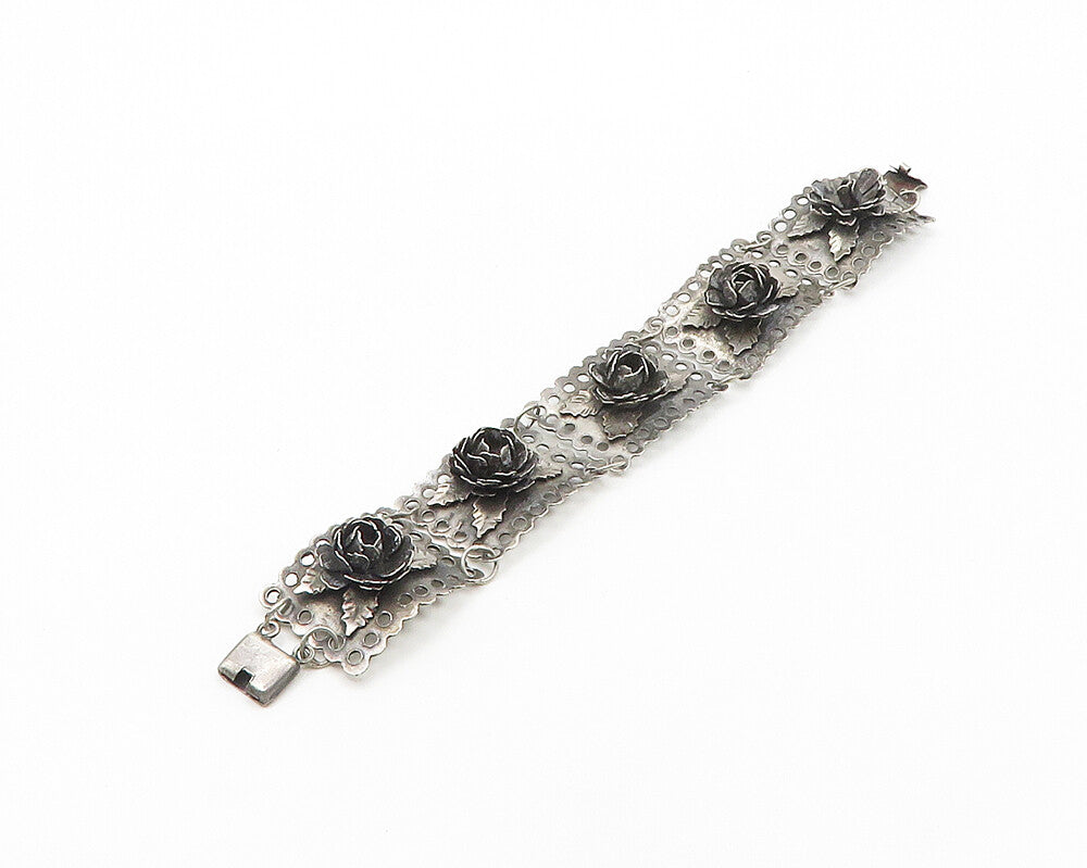 925 Sterling Silver  Vintage Hand Made Oxidized Rose Chain Bracelet  BT6807