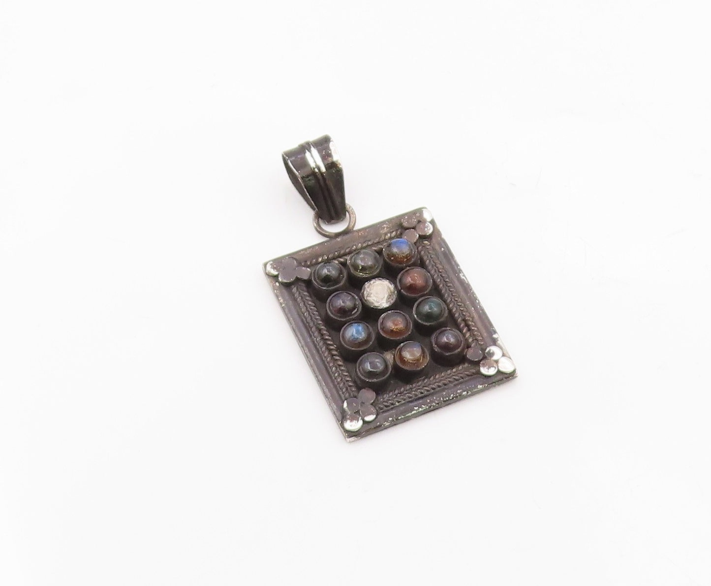 925 Sterling Silver  Vintage Labradorite Amber & Onyx Wheat Pendant  PT7299