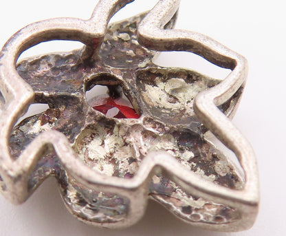 925 Sterling Silver  Vintage Garnet Floral Leaf Motif Pendant  PT16206