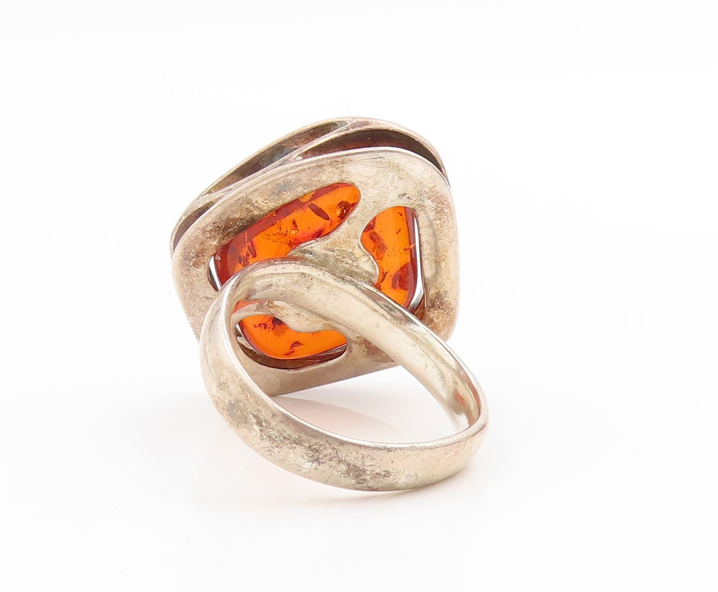925 Sterling Silver Vintage Ring Large Cabochon Honey Amber Band  Sz 10  RG34000
