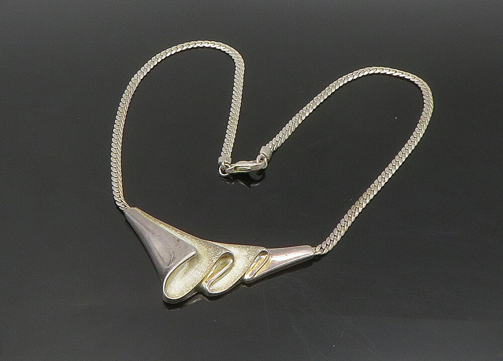 925 Sterling Silver  Vintage Shiny Pleated Pendant Snake Chain Necklace NE3700