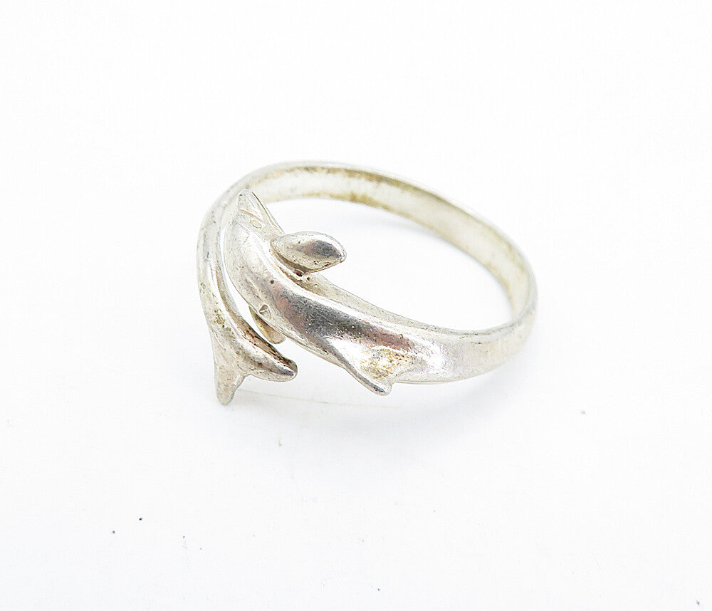 925 Sterling Silver  Vintage Dolphin Head Tail Bypass Band Ring Sz 8.5  RG6676