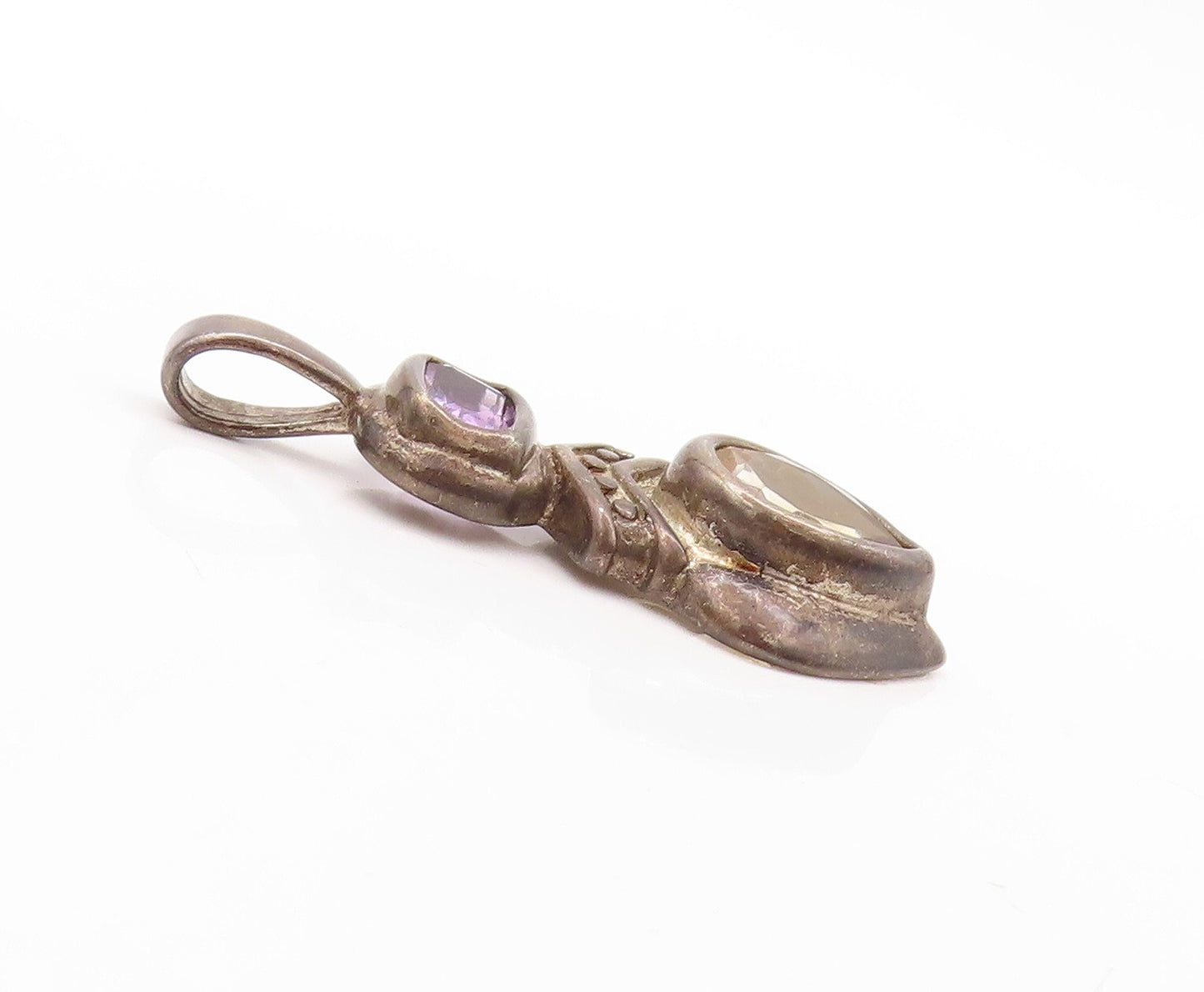 925 Sterling Silver Vintage Pendant Dark Tone Carved Amethyst & Citrine  PT23597