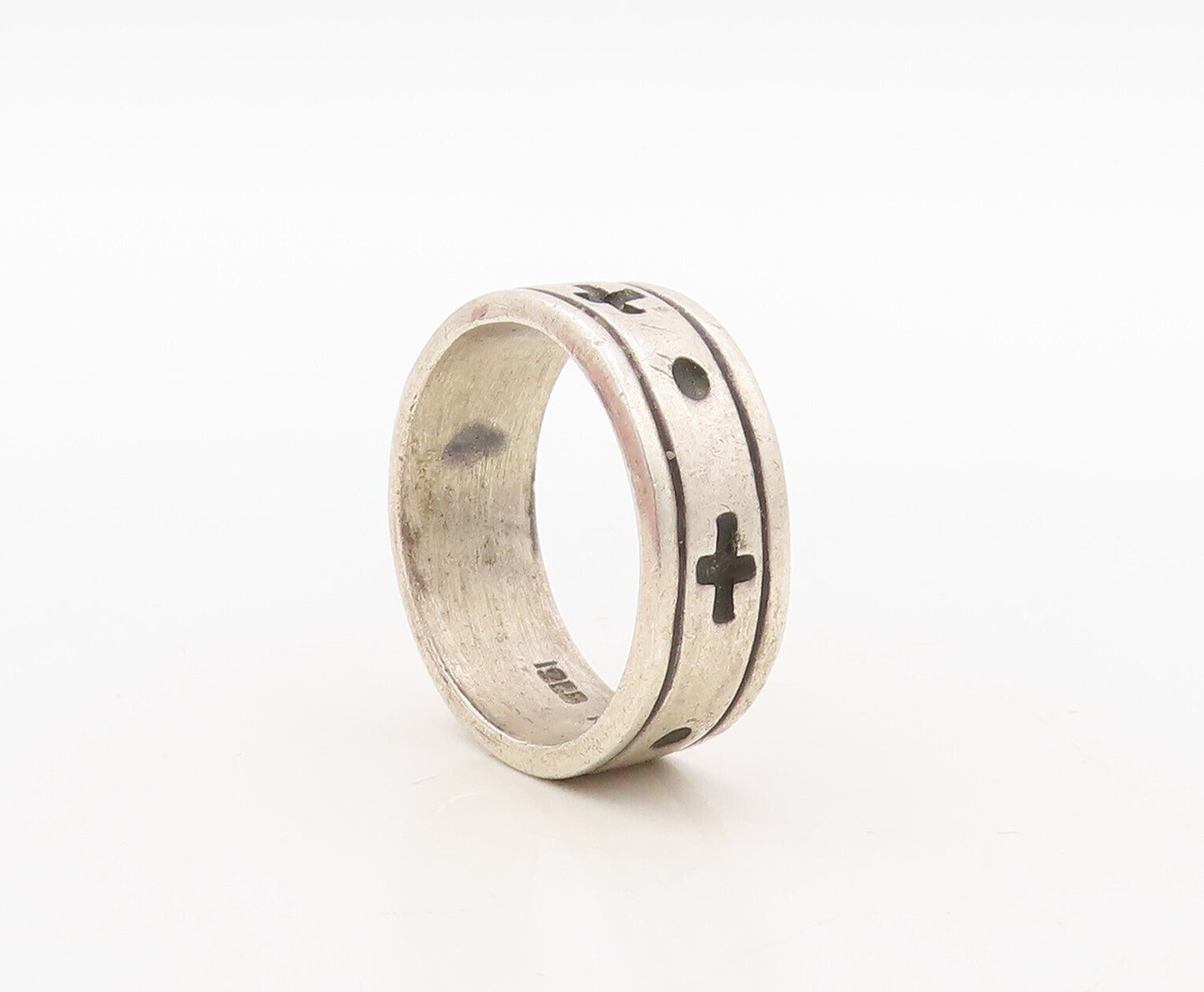 925 Sterling Silver Vintage Ring MEXICO Solid Etched + And O  Sz 12  RG31054