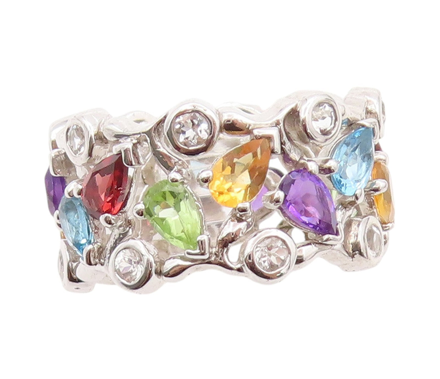 925 Sterling Silver Vintage Ring Brutalist Drop & Round Gemstones Sz 7.5 RG32680
