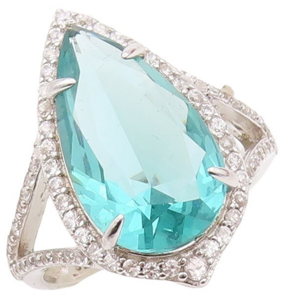 925 Sterling Silver Vintage Ring Designer Drop Cut Aquamarine & CZ Sz 7  RG30028