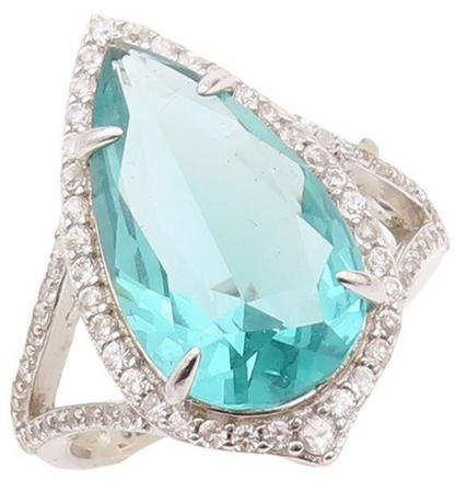925 Sterling Silver Vintage Ring Designer Drop Cut Aquamarine & CZ Sz 7  RG30028
