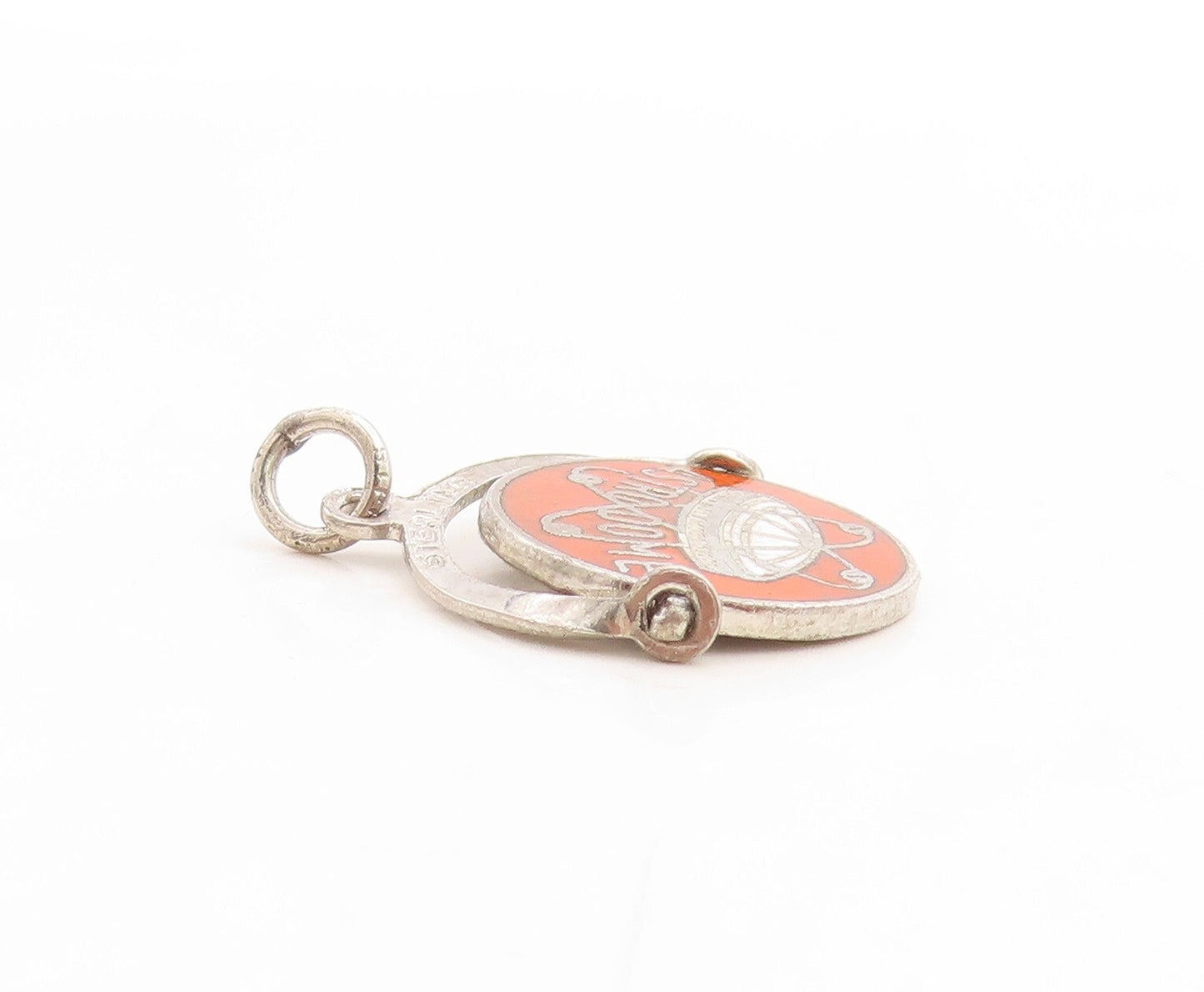 925 Sterling Silver Vintage Pendant Orange Enameled Spaceship  PT23739