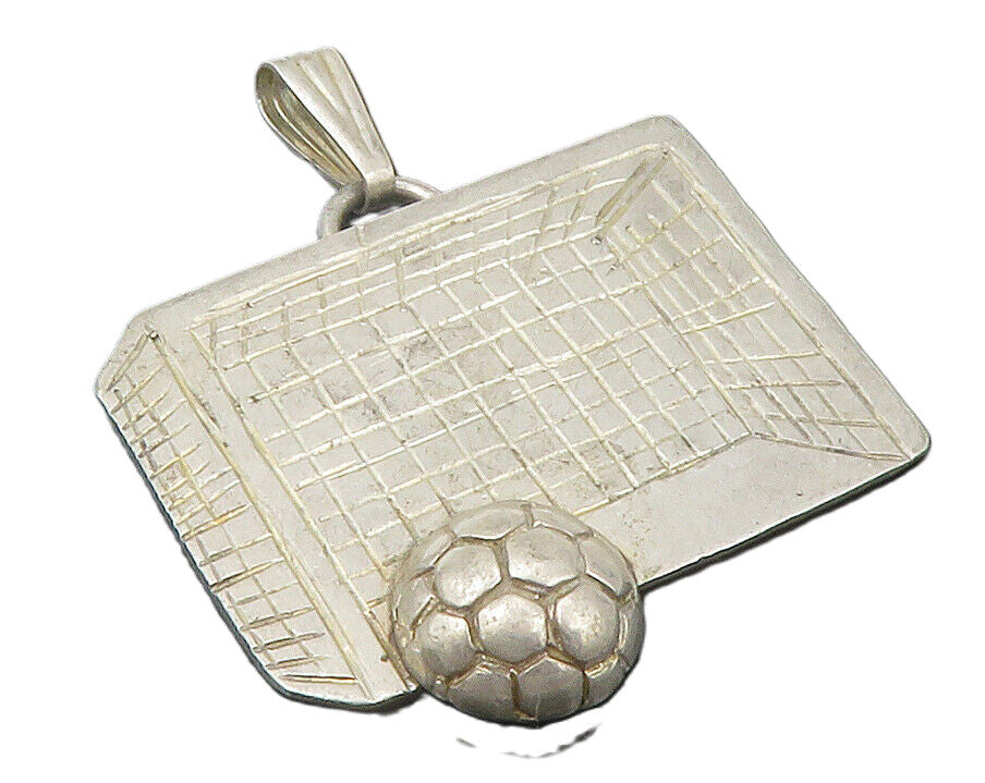 925 Sterling Silver  Vintage Etched Soccer Ball & Goal Sports Pendant  PT9639