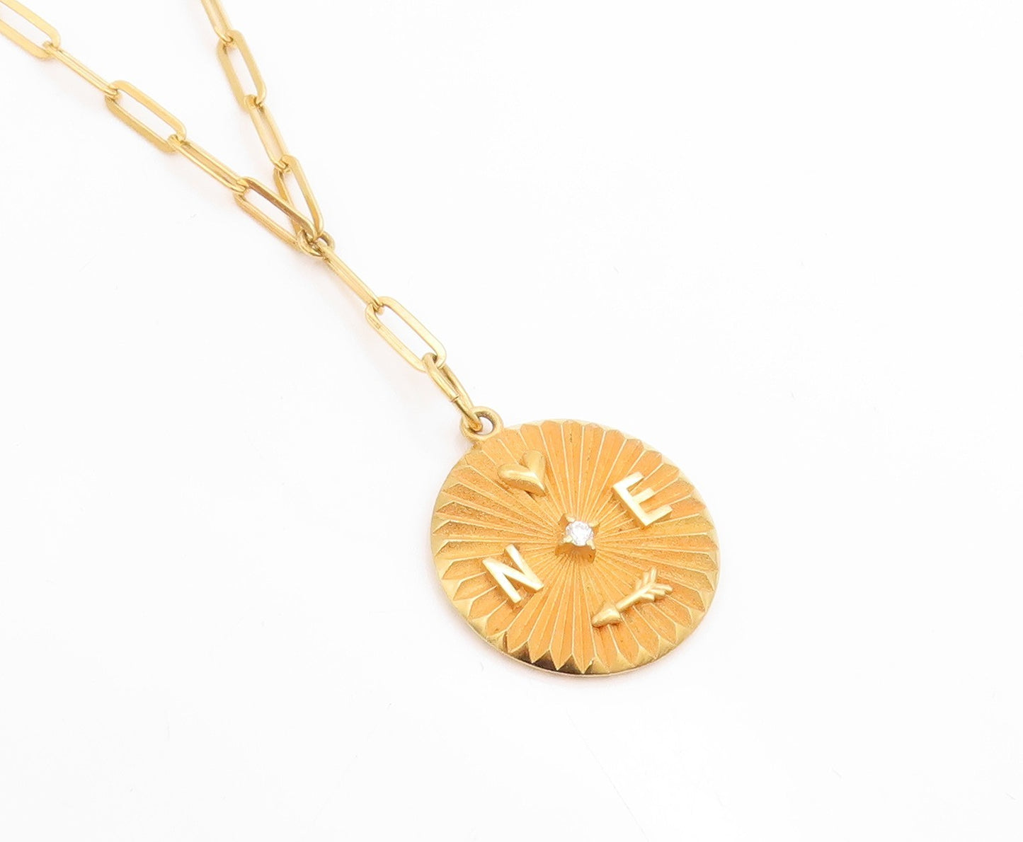 925 Sterling Silver Vintage Necklace Gold Plated CZ Compass Medal Chain  NE4797