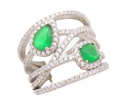 925 Sterling Silver Vintage Ring Cutout Band Green & White CZ Inlay Sz 7 RG30445