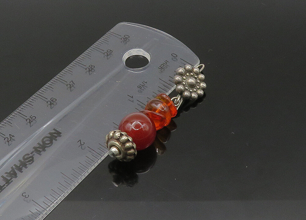 925 Sterling Silver  Vintage Amber Dark Tone Floral Dangle Earrings  EG10843