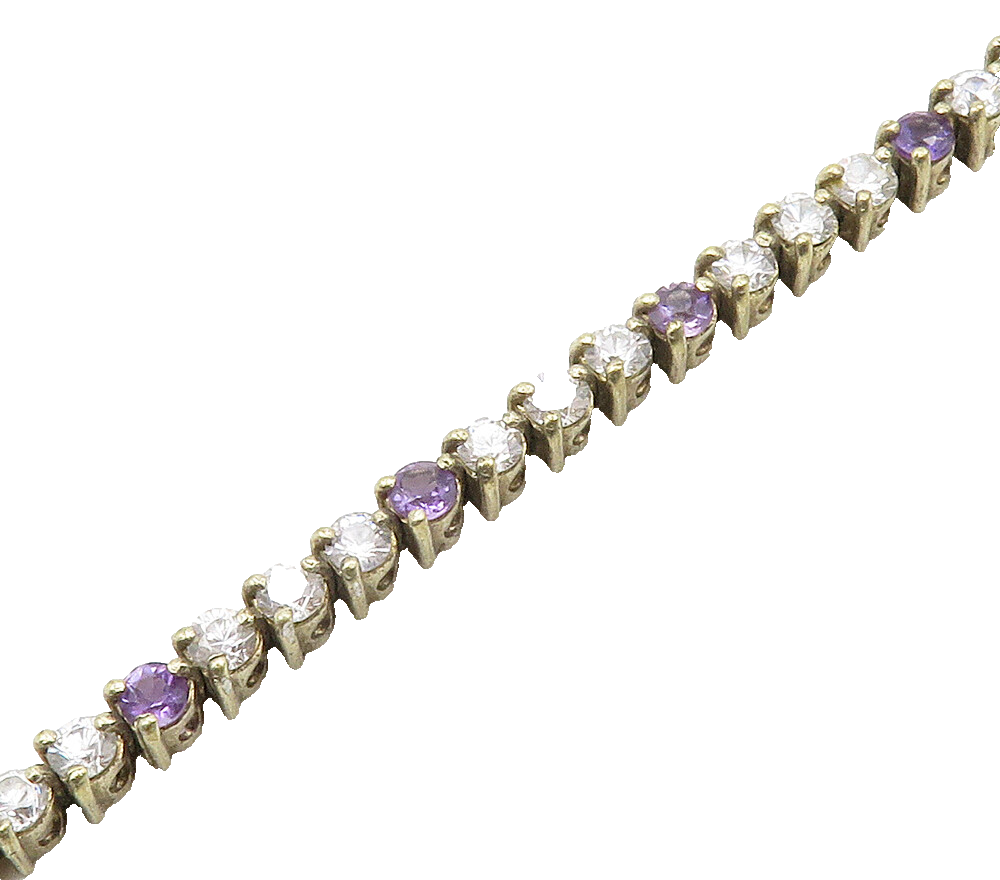 925 Sterling Silver  Vintage Cubic Zirconia & Amethyst Chain Bracelet  BT6275