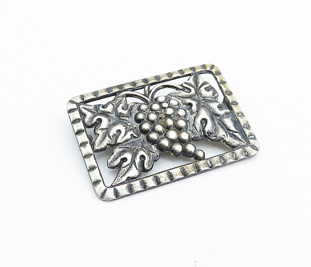 925 Sterling Silver  Vintage Antique Grape Bunch Square Brooch Pin  BP2693