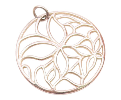 925 Sterling Silver  Vintage Shiny Open Floral Design Round Pendant  PT18531