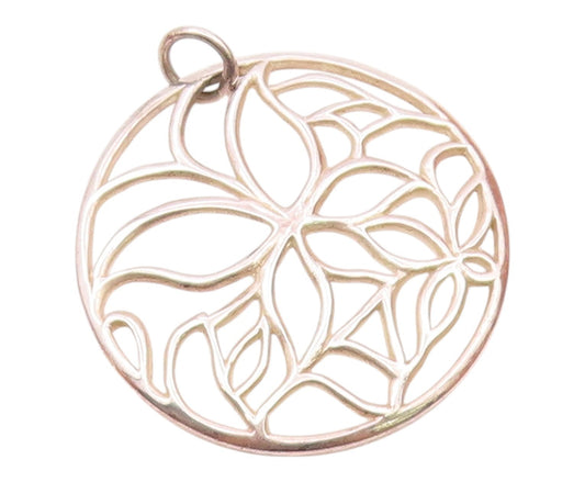 925 Sterling Silver  Vintage Shiny Open Floral Design Round Pendant  PT18531