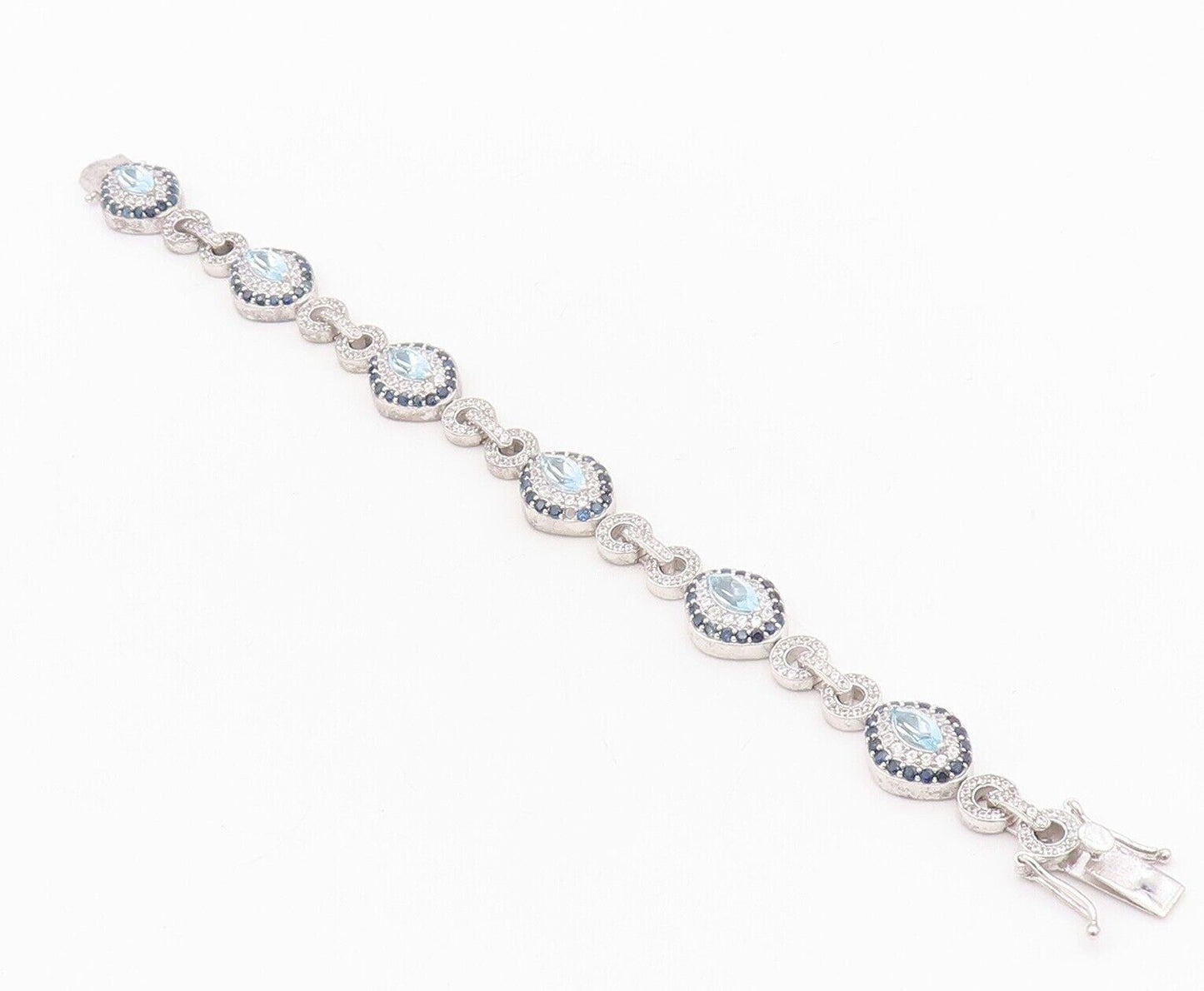 925 Sterling Silver Vintage Bracelet Marquise Cut Topaz Halo Sapphire CZ BT10767