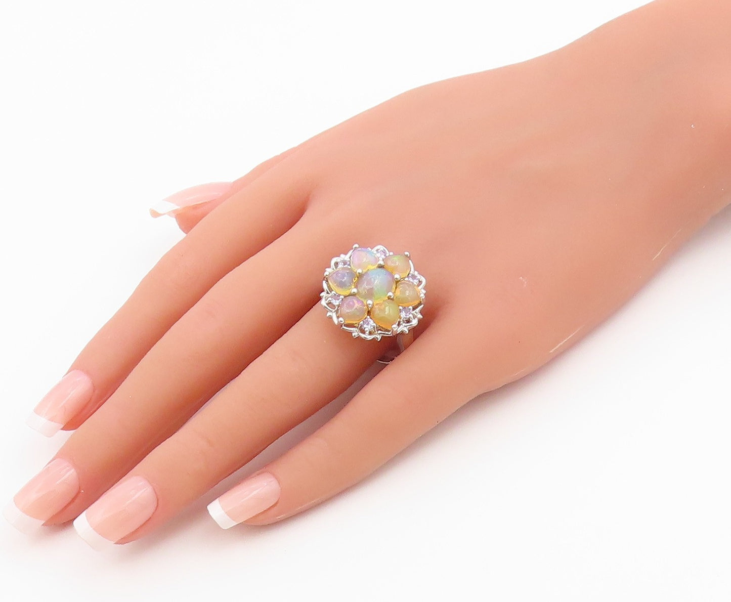 925 Sterling Silver Vintage Ring Opal & Tanzanite Floral Petal  Sz 11.5  RG36499