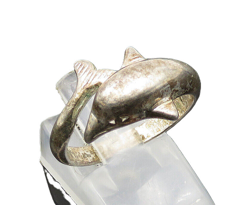 925 Sterling Silver  Vintage Shiny Dolphin Bypass Band Ring Sz 9.5  RG18625