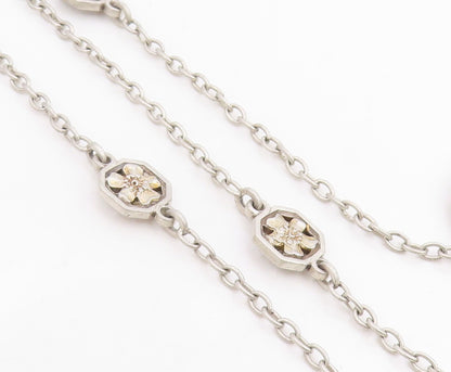 925 Sterling Silver Vintage Necklace Antique Floral Leaf Motif Long Chain NE4795