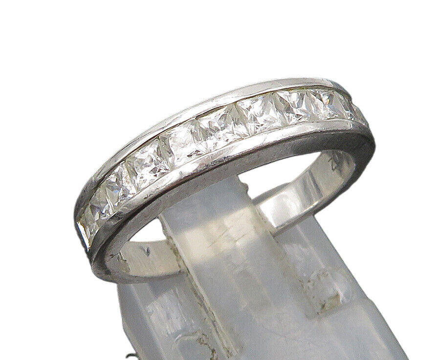 925 Sterling Silver Vintage Sparkly Topaz Half Eternity Band Ring Sz 7 RG24439