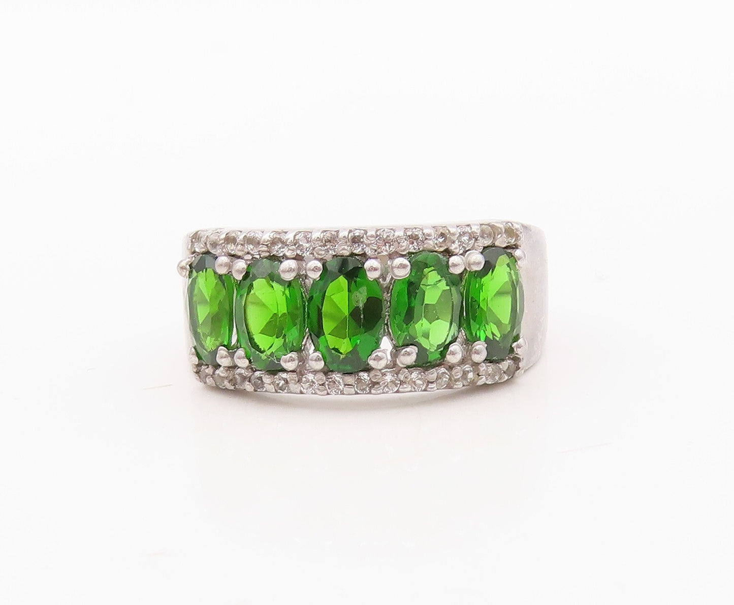 925 Sterling Silver Vintage Ring Oval Cut Green & White CZ Inlay Sz 7 RG30002