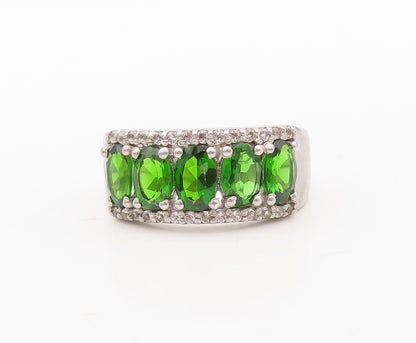 925 Sterling Silver Vintage Ring Oval Cut Green & White CZ Inlay Sz 7 RG30002