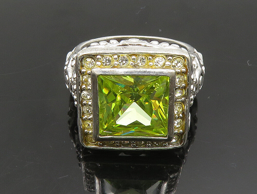 925 Silver  Vintage Green Cubic Zirconia Beaded Square Ring Sz 7  RG24386