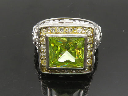925 Silver  Vintage Green Cubic Zirconia Beaded Square Ring Sz 7  RG24386