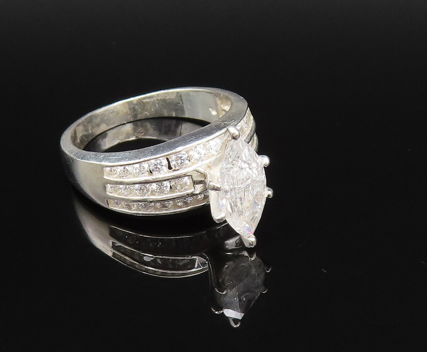 925 Silver  Vintage Marquise Cubic Zirconia Three Row Ring Sz 9.5  RG25954